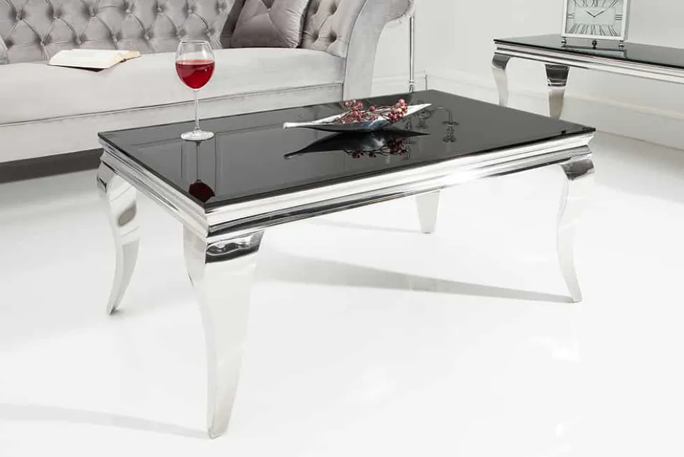 Eleganter Couchtisch MODERN BAROCK 100cm silber mit schwarzem Opalglas