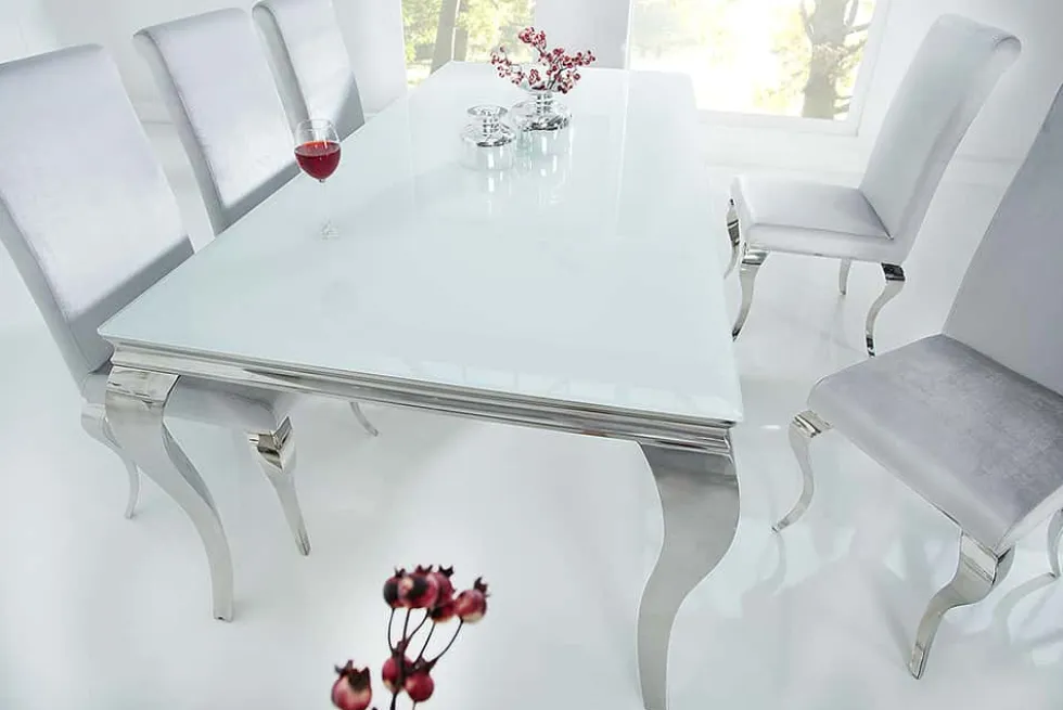Eleganter Design Esstisch MODERN BAROCK 200cm weiß Edelstahl Opalglas Tischplatte