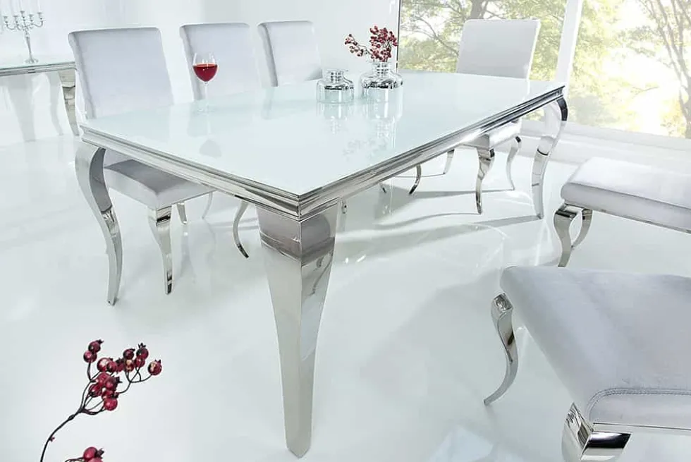 Eleganter Design Esstisch MODERN BAROCK 200cm weiß Edelstahl Opalglas Tischplatte
