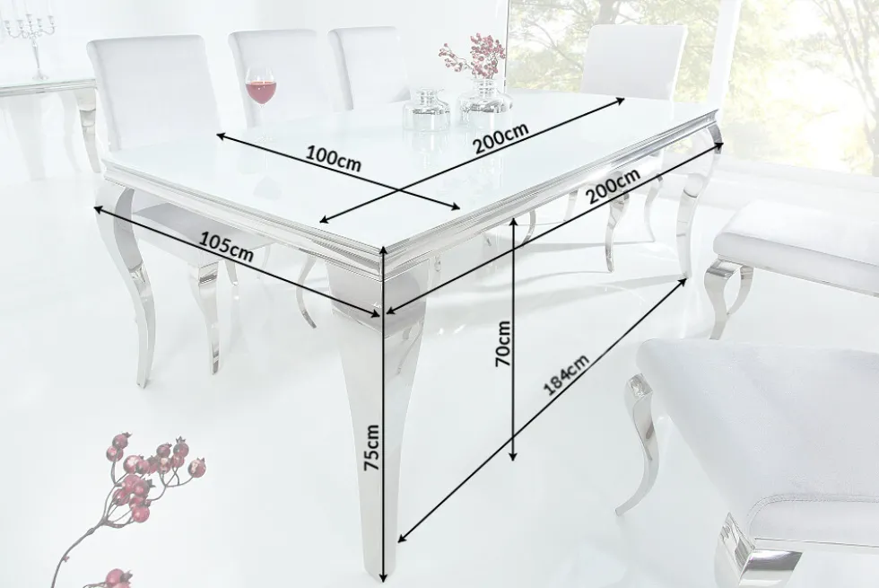 Eleganter Design Esstisch MODERN BAROCK 200cm weiß Edelstahl Opalglas Tischplatte