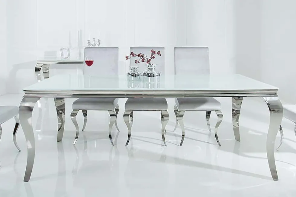 Eleganter Design Esstisch MODERN BAROCK 200cm weiß Edelstahl Opalglas Tischplatte