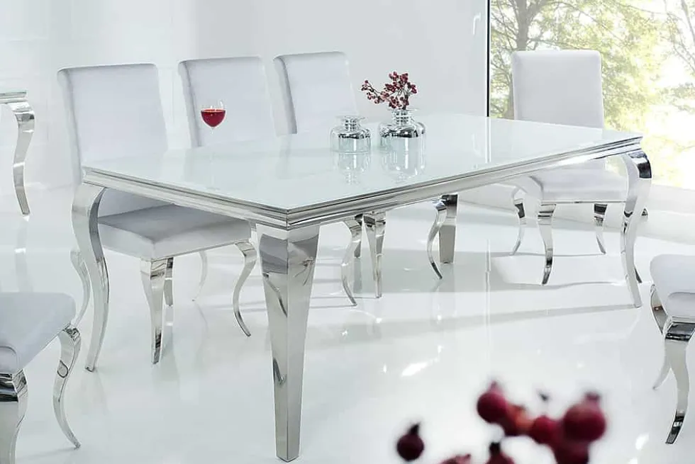Eleganter Design Esstisch MODERN BAROCK 200cm weiß Edelstahl Opalglas Tischplatte