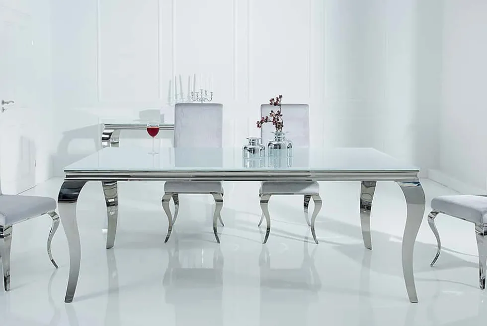 Eleganter Design Esstisch MODERN BAROCK 180cm weiß Edelstahl Opalglas Tischplatte