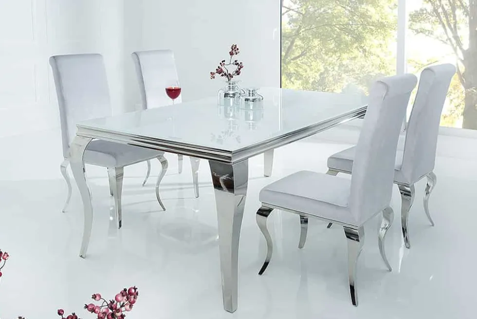 Eleganter Design Esstisch MODERN BAROCK 180cm weiß Edelstahl Opalglas Tischplatte