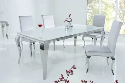 Eleganter Design Esstisch MODERN BAROCK 180cm weiß Edelstahl Opalglas Tischplatte