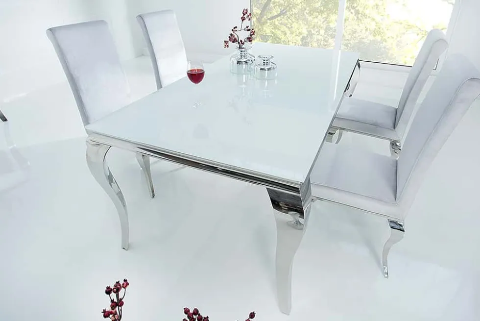 Eleganter Design Esstisch MODERN BAROCK 180cm weiß Edelstahl Opalglas Tischplatte