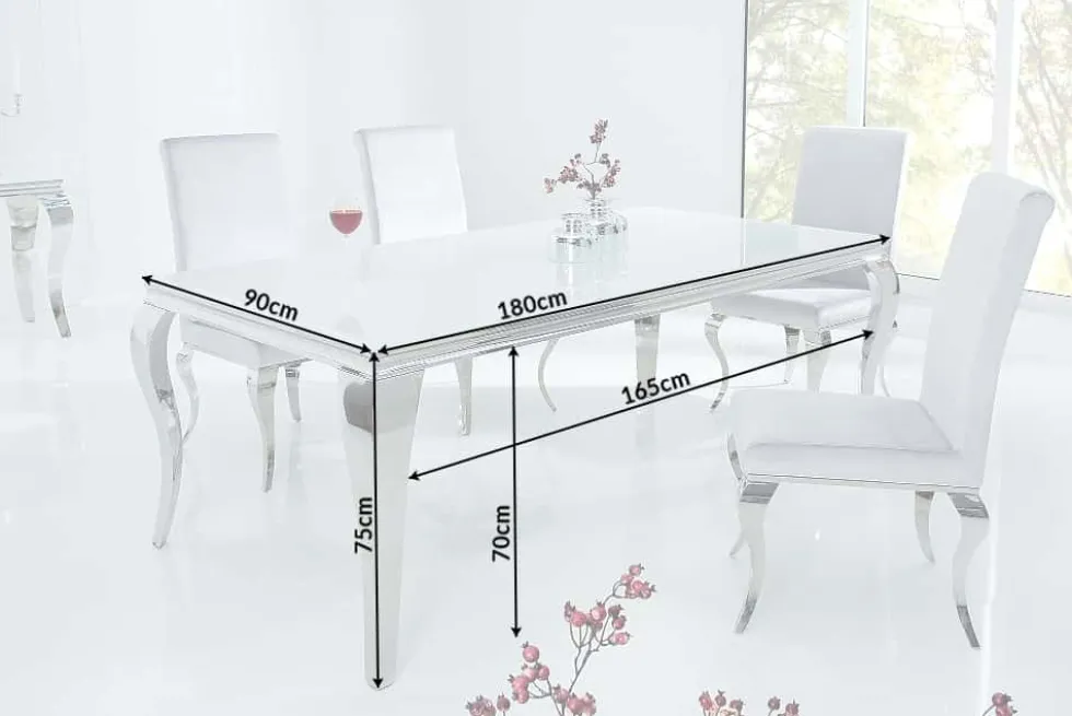 Eleganter Design Esstisch MODERN BAROCK 180cm weiß Edelstahl Opalglas Tischplatte