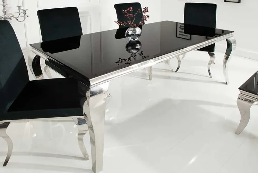 Eleganter Design Esstisch MODERN BAROCK 200cm schwarz Edelstahl Opalglas Tischplatte