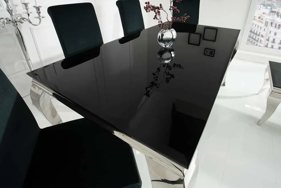Eleganter Design Esstisch MODERN BAROCK 200cm schwarz Edelstahl Opalglas Tischplatte