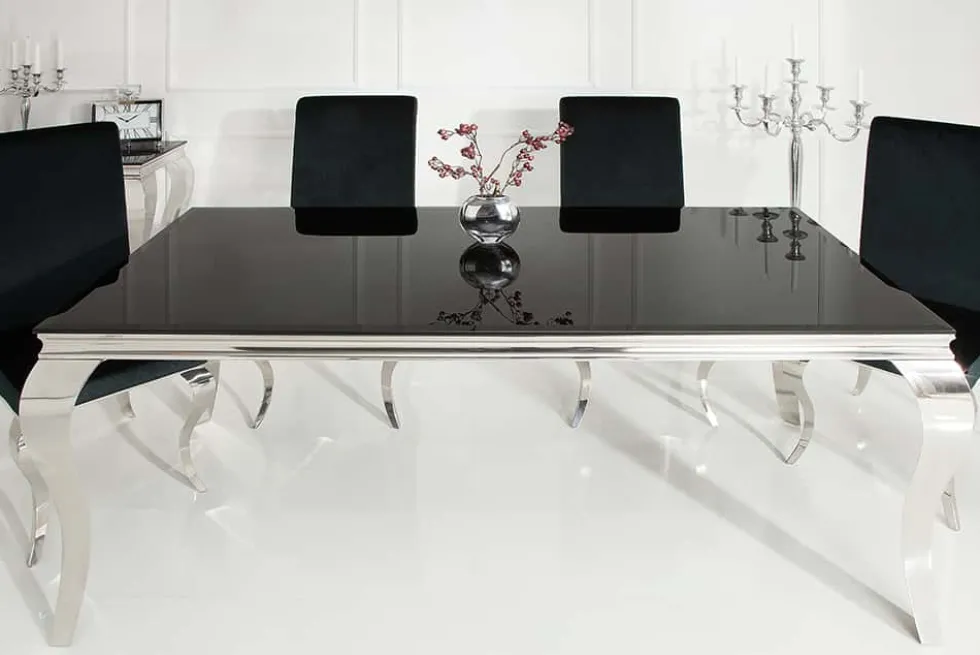 Eleganter Design Esstisch MODERN BAROCK 200cm schwarz Edelstahl Opalglas Tischplatte