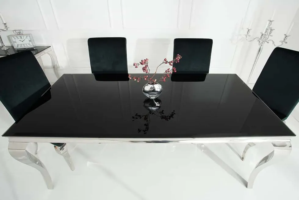 Eleganter Design Esstisch MODERN BAROCK 200cm schwarz Edelstahl Opalglas Tischplatte