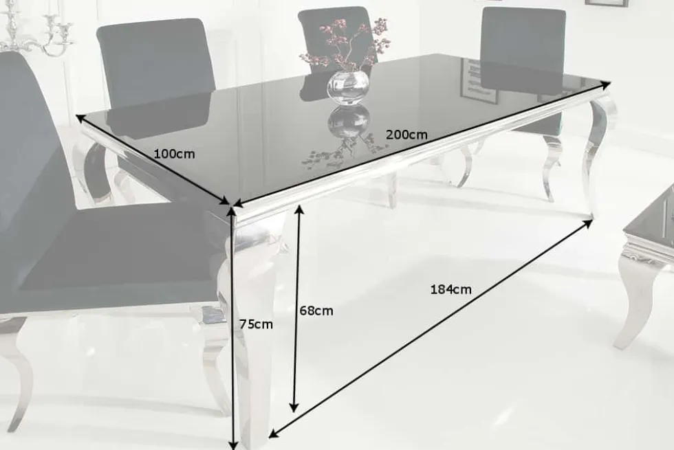 Eleganter Design Esstisch MODERN BAROCK 200cm schwarz Edelstahl Opalglas Tischplatte
