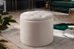 Eleganter Hocker MODERN BAROCK 50cm champagner beige Samt Aufbewahrungkorb