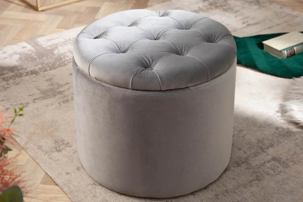 Eleganter Hocker MODERN BAROCK 50cm silbergrau Samt Aufbewahrungkorb