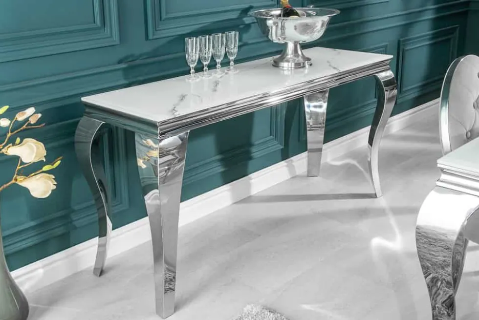 Eleganter Konsolentisch MODERN BAROCK 145cm mit Glasplatte Marmoroptik Edelstahlbeine
