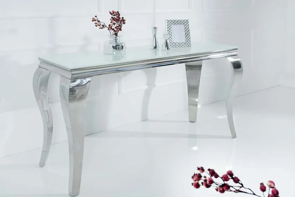 Eleganter Konsolentisch MODERN BAROCK 145cm weiß Opalglas Edelstahlbeine