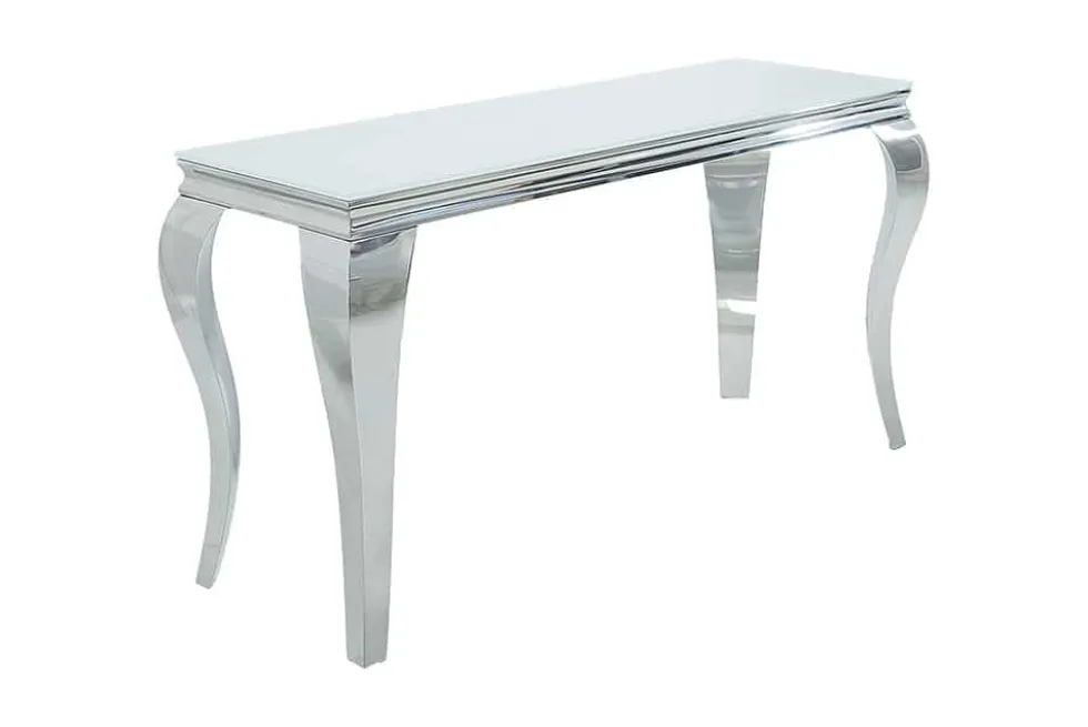 Eleganter Konsolentisch MODERN BAROCK 145cm weiß Opalglas Edelstahlbeine