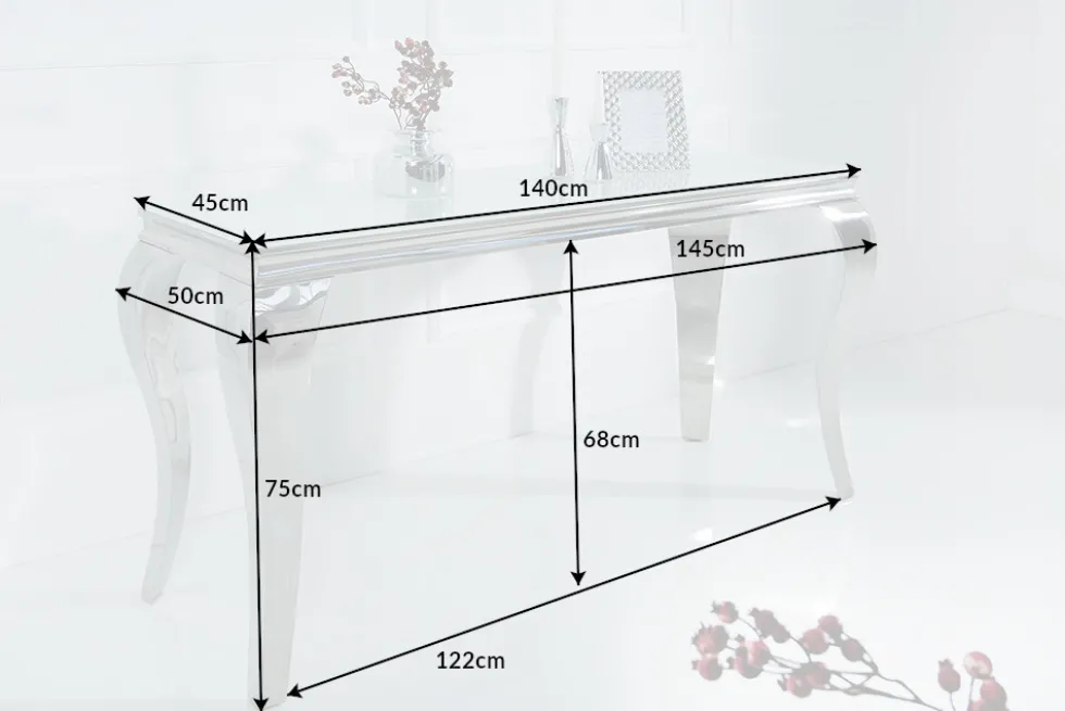 Eleganter Konsolentisch MODERN BAROCK 145cm weiß Opalglas Edelstahlbeine
