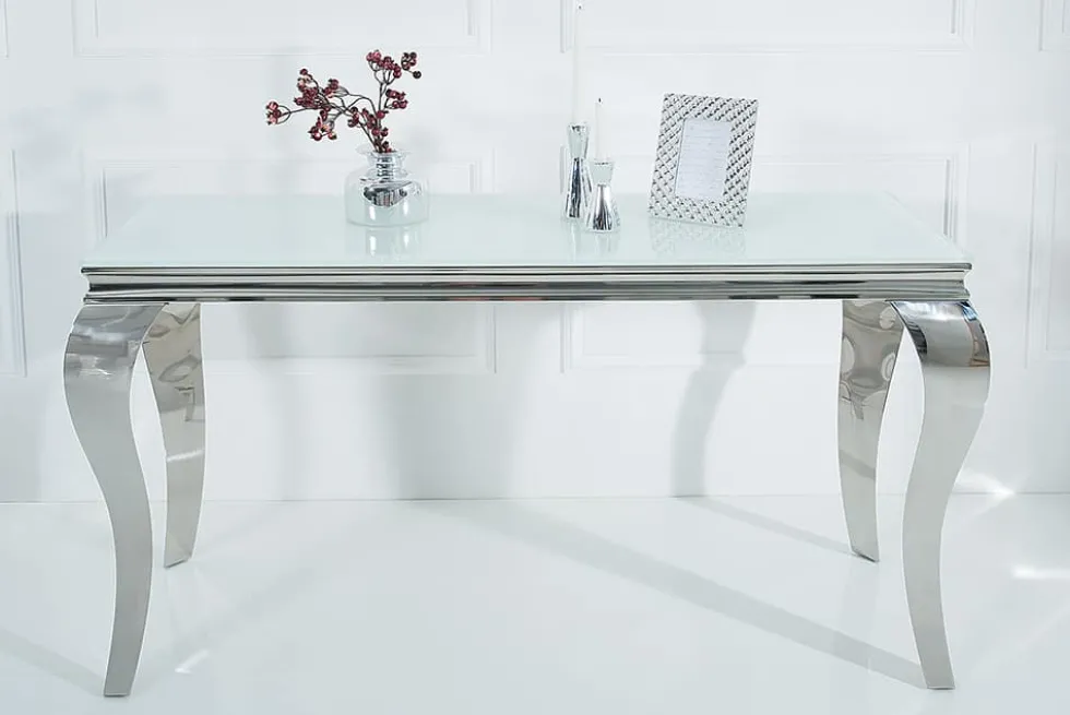 Eleganter Konsolentisch MODERN BAROCK 145cm weiß Opalglas Edelstahlbeine