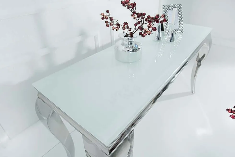 Eleganter Konsolentisch MODERN BAROCK 145cm weiß Opalglas Edelstahlbeine