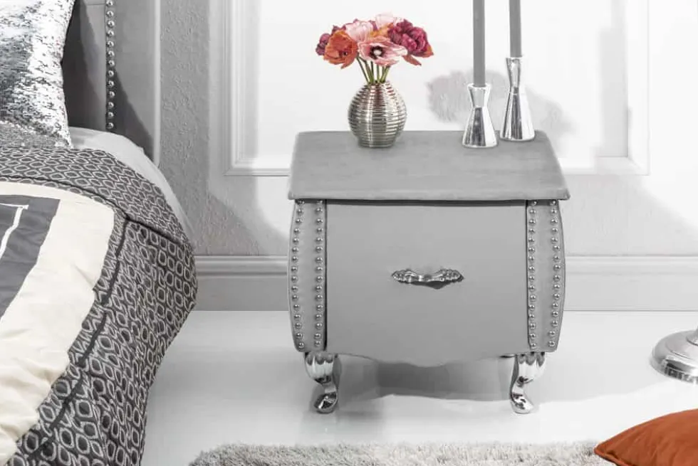 Eleganter Nachttisch EXTRAVAGANCIA 50cm silbergrau Samt Nachtkommode mit Schublade