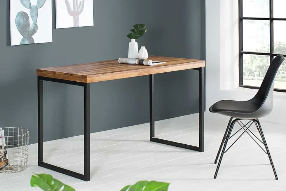 Eleganter Schreibtisch ELEMENTS 118cm braun Sheesham stone finish Metallgestell
