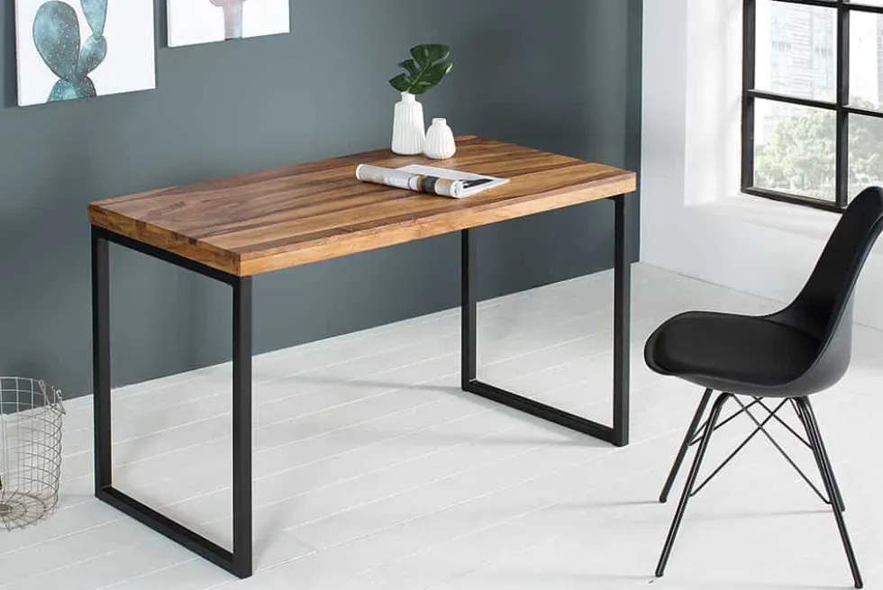 Eleganter Schreibtisch ELEMENTS 118cm braun Sheesham stone finish Metallgestell