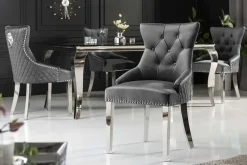 Eleganter Stuhl CASTLE DELUXE grau Samt Löwenkopf Chesterfield Design Esszimmerstuhl Nieten