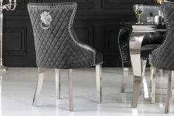 Eleganter Stuhl CASTLE DELUXE grau Samt Löwenkopf Chesterfield Design Esszimmerstuhl Nieten