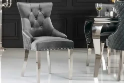 Eleganter Stuhl CASTLE DELUXE grau Samt Löwenkopf Chesterfield Design Esszimmerstuhl Nieten