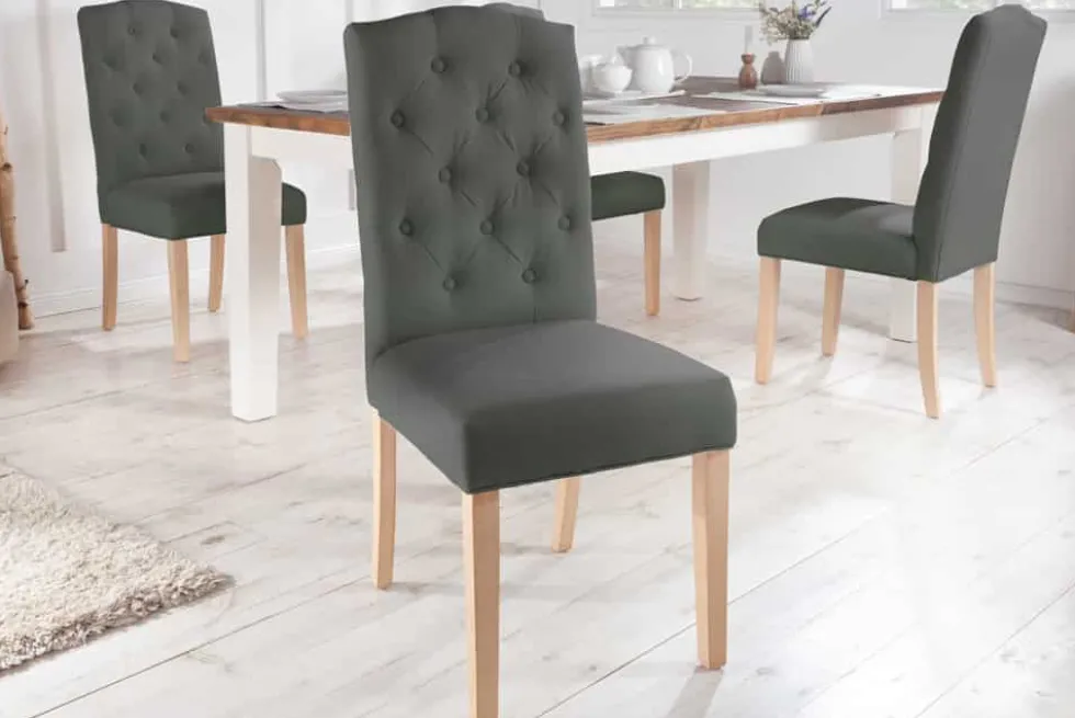 Eleganter Stuhl CASTLE grau mit Chesterfield Steppung im Landhausstil