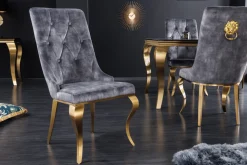 Eleganter Stuhl MODERN BAROCK grau Samt mit goldenem Löwenkopf