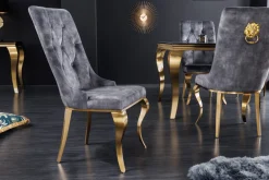 Eleganter Stuhl MODERN BAROCK grau Samt mit goldenem Löwenkopf