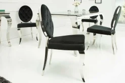 Eleganter Stuhl MODERN BAROCK schwarz Samt mit Knöpfen Edelstahlbeine