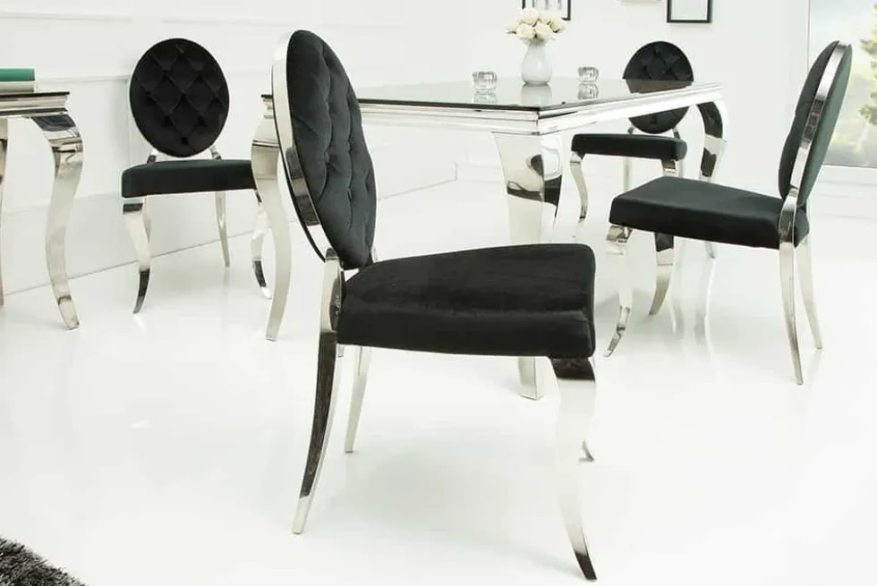Eleganter Stuhl MODERN BAROCK schwarz Samt mit Knöpfen Edelstahlbeine