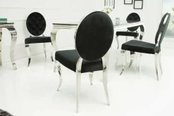Eleganter Stuhl MODERN BAROCK schwarz Samt mit Knöpfen Edelstahlbeine