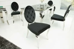 Eleganter Stuhl MODERN BAROCK schwarz Samt mit Knöpfen Edelstahlbeine