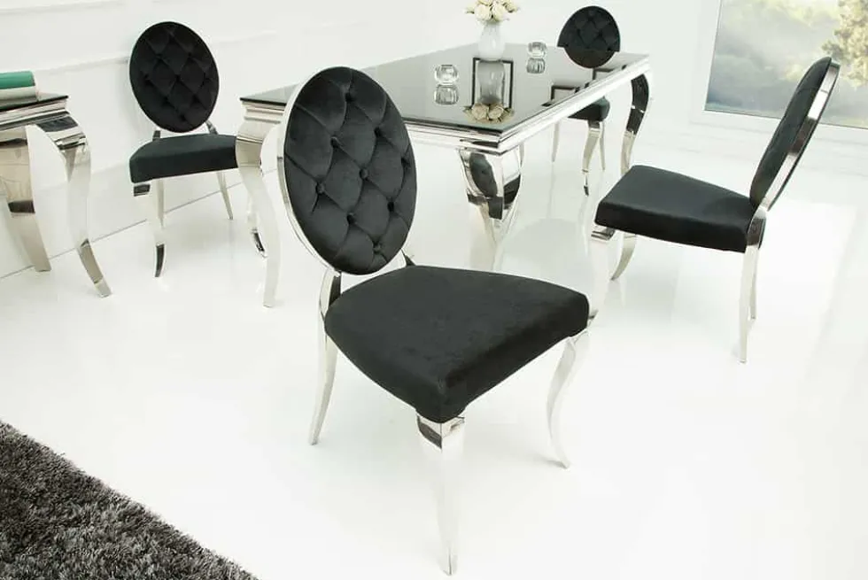 Eleganter Stuhl MODERN BAROCK schwarz Samt mit Knöpfen Edelstahlbeine