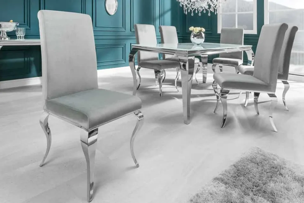 Eleganter Stuhl MODERN BAROCK edel-grau Samt Stuhlbeine aus Edelstahl