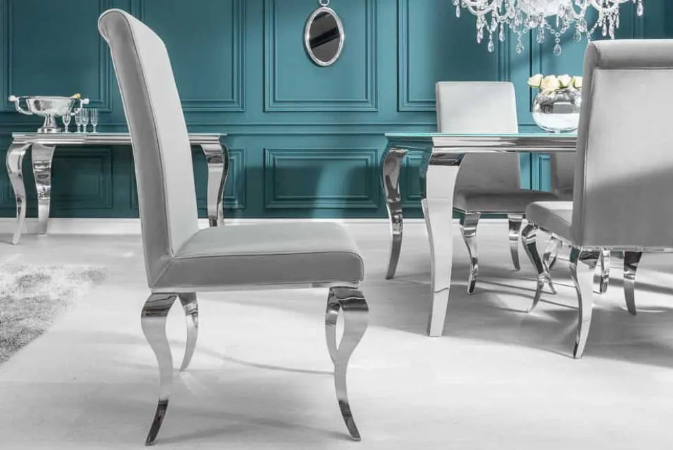 Eleganter Stuhl MODERN BAROCK edel-grau Samt Stuhlbeine aus Edelstahl