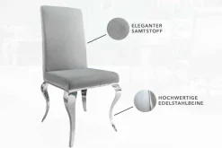 Eleganter Stuhl MODERN BAROCK edel-grau Samt Stuhlbeine aus Edelstahl