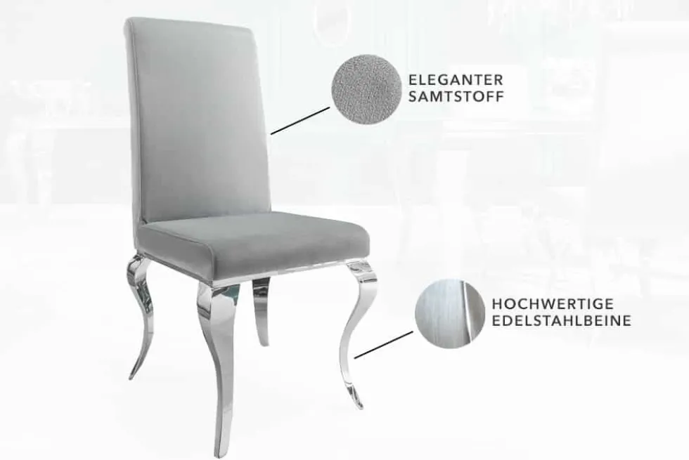 Eleganter Stuhl MODERN BAROCK edel-grau Samt Stuhlbeine aus Edelstahl