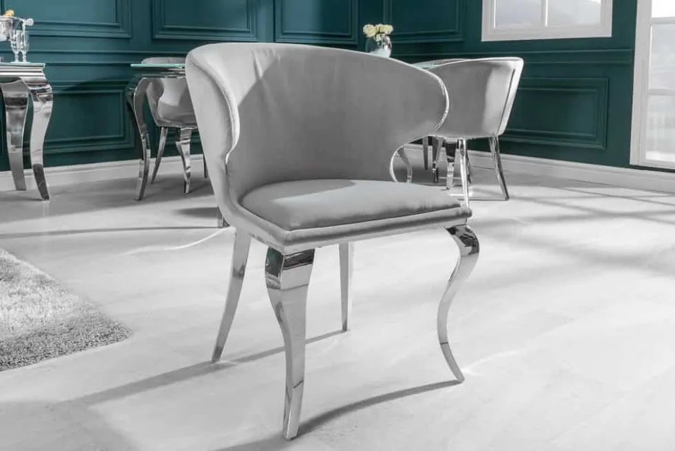 Eleganter Stuhl MODERN BAROCK II edel-grau Samt Edelstahlbeine