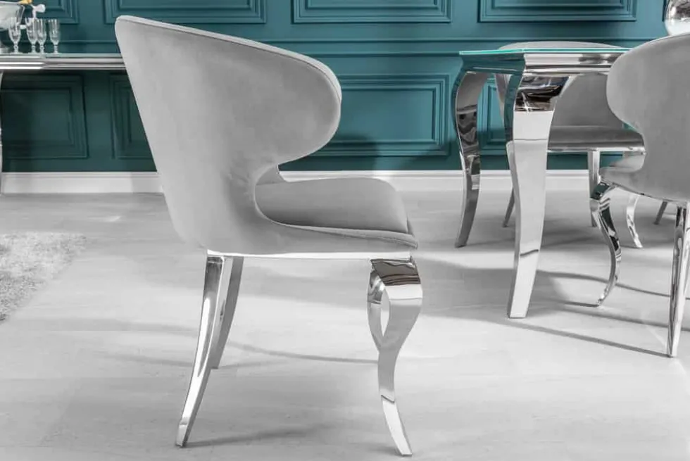 Eleganter Stuhl MODERN BAROCK II edel-grau Samt Edelstahlbeine