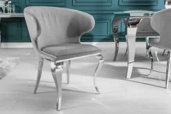Eleganter Stuhl MODERN BAROCK II edel-grau Samt Edelstahlbeine