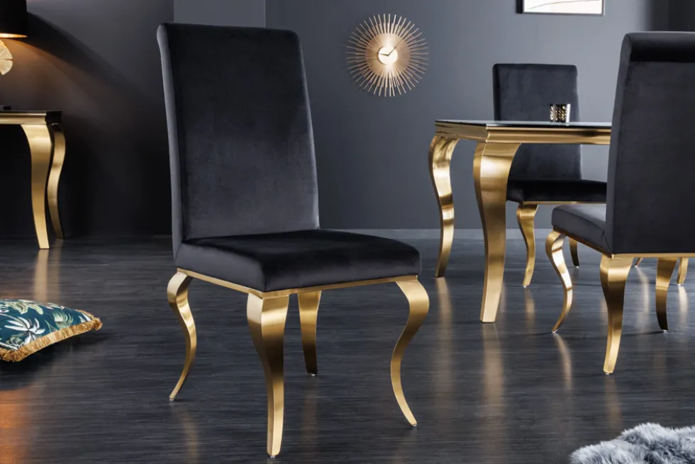 Eleganter Stuhl MODERN BAROCK schwarz Samt goldene Stuhlbeine aus Edelstahl