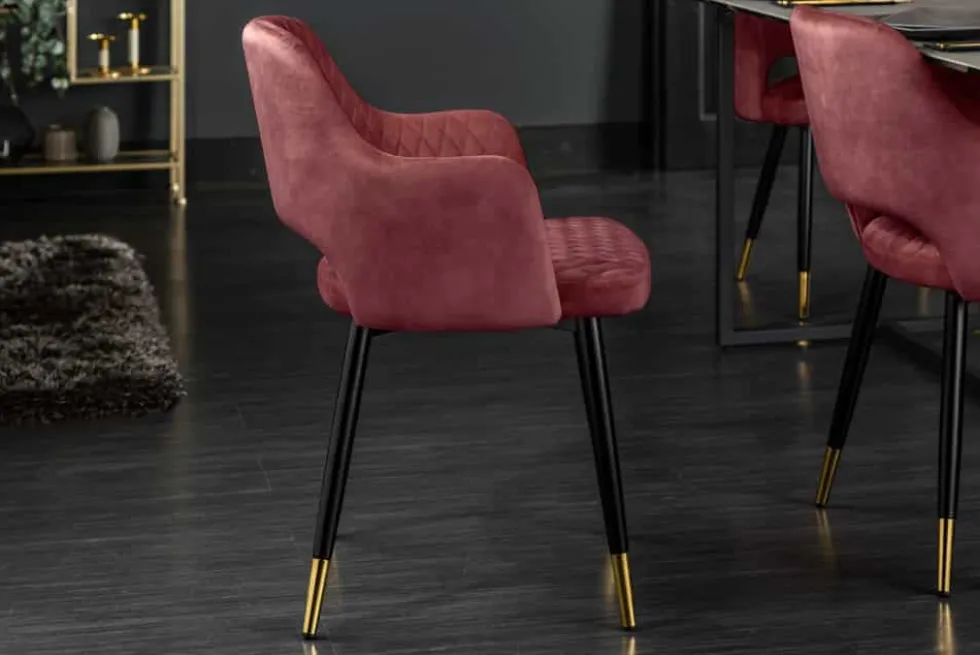 Eleganter Stuhl PARIS bordeaux Vogue Seidenstoff Samt goldene Fußkappen und Armlehnen
