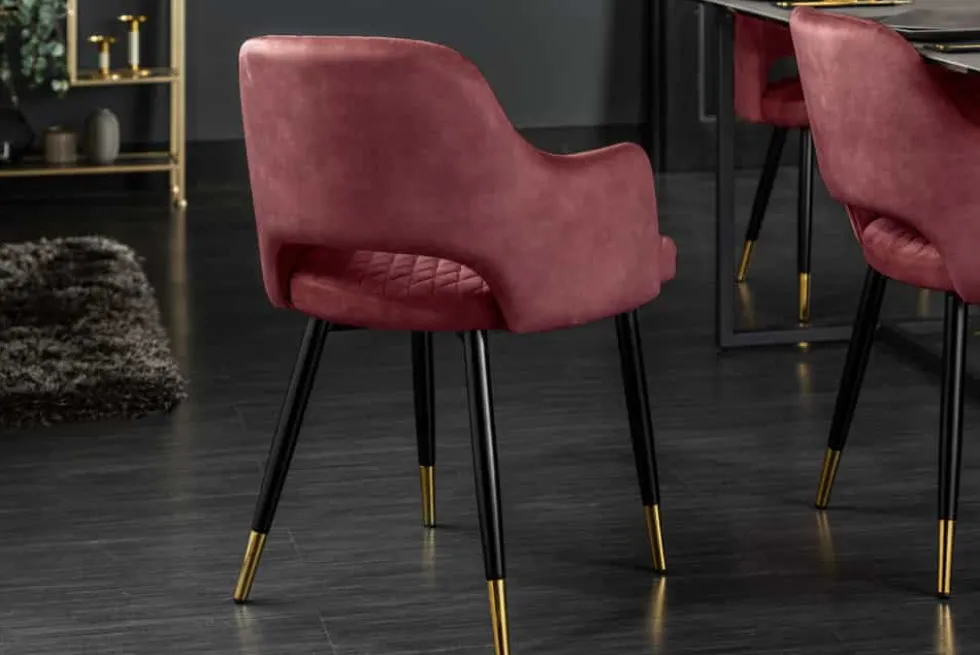 Eleganter Stuhl PARIS bordeaux Vogue Seidenstoff Samt goldene Fußkappen und Armlehnen