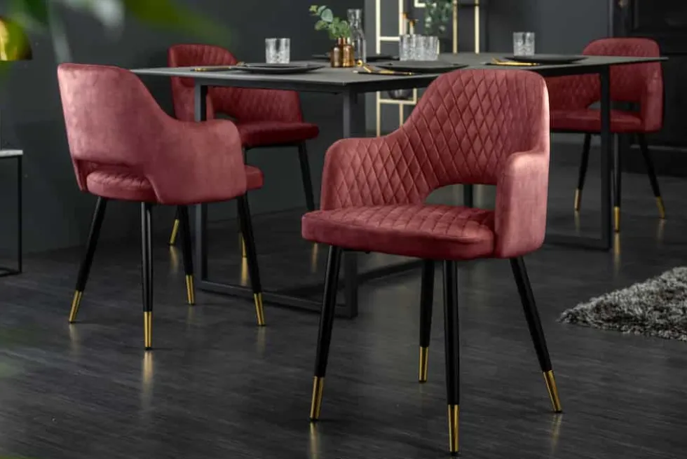Eleganter Stuhl PARIS bordeaux Vogue Seidenstoff Samt goldene Fußkappen und Armlehnen