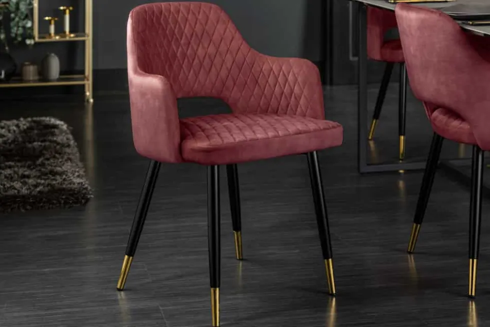 Eleganter Stuhl PARIS bordeaux Vogue Seidenstoff Samt goldene Fußkappen und Armlehnen